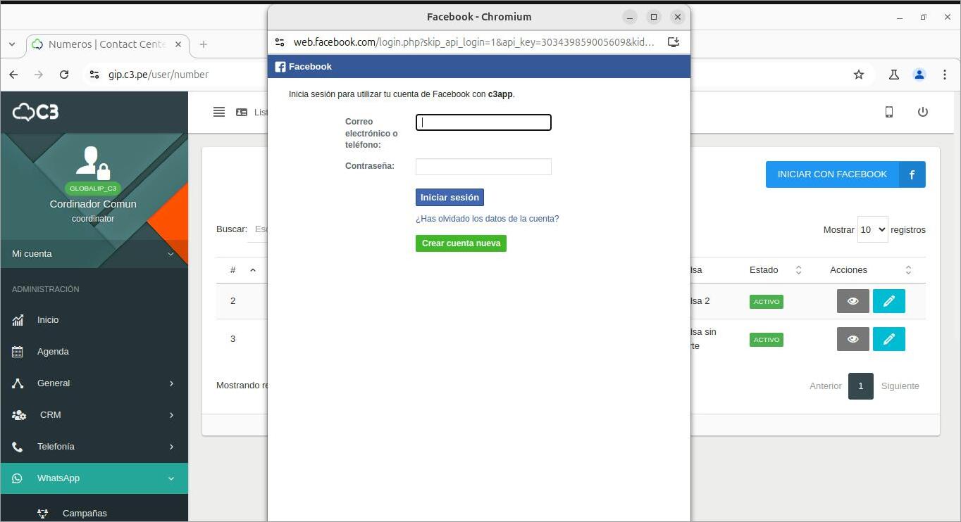 Paso 2: Ventana de inicio de sesión de Facebook.