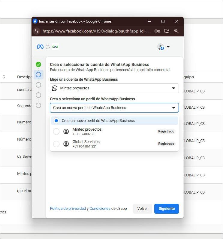Paso 6: Selección de la cuenta y perfil de WhatsApp Business.