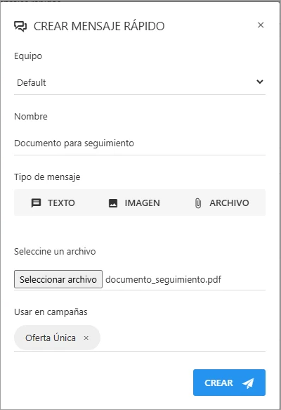 Formulario para crear un nuevo mensaje rápido de tipo archivo.
