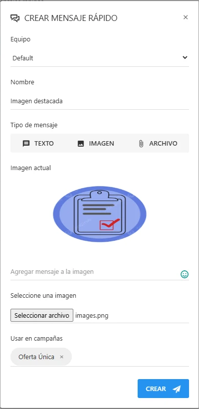 Formulario para crear un nuevo mensaje rápido de tipo imagen.