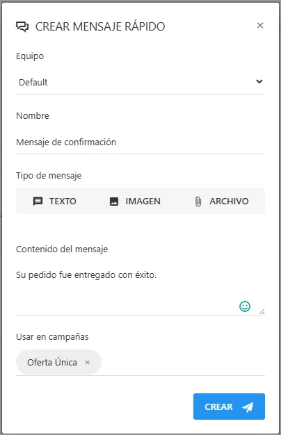 Formulario para crear un nuevo mensaje rápido de tipo texto.