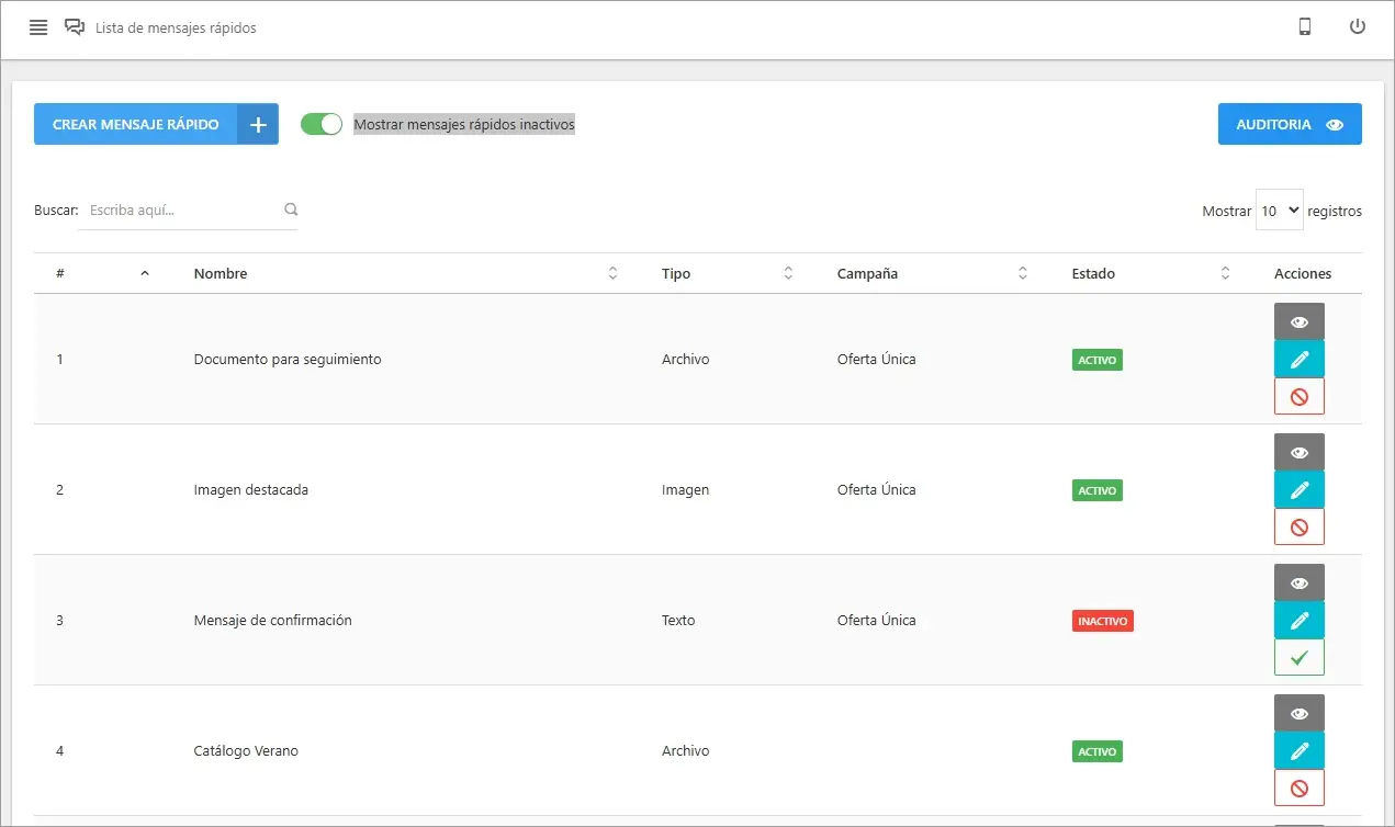 Lista de mensajes rápidos inactivos, con la opción de activarlos.