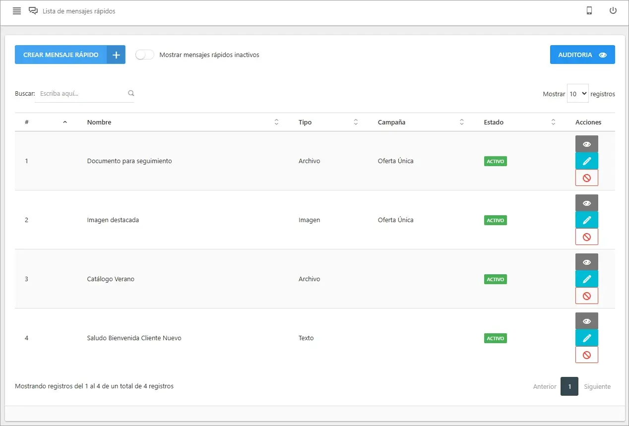 Vista principal del módulo de Mensajes Rápidos.