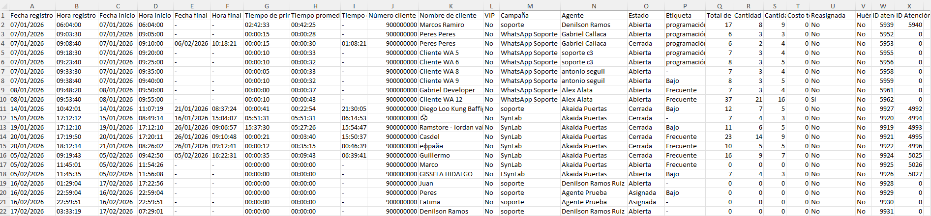 Excel exportado con los datos de atenciones filtradas.