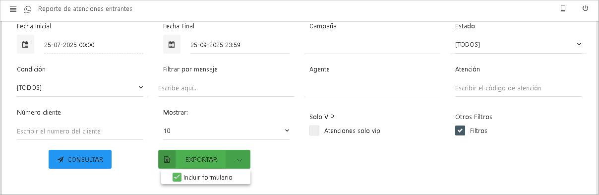 Sección de filtros del reporte.