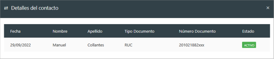 Ventana mostrando el detalle de un contacto identificado.