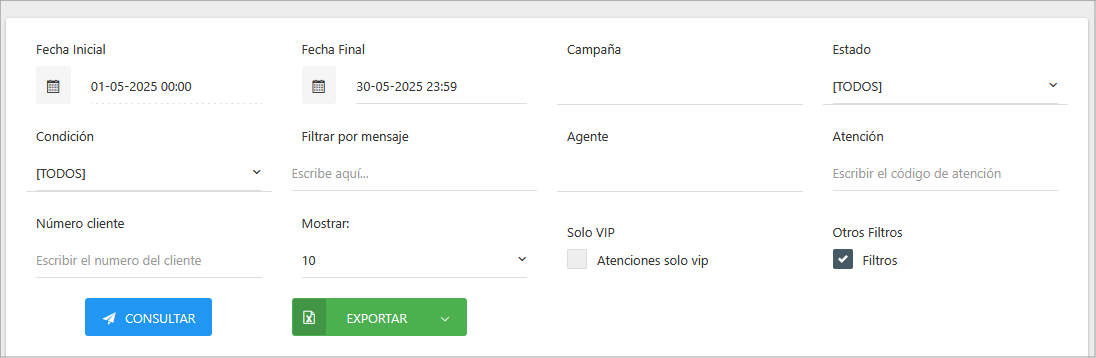 Sección de filtros del reporte de atenciones salientes.