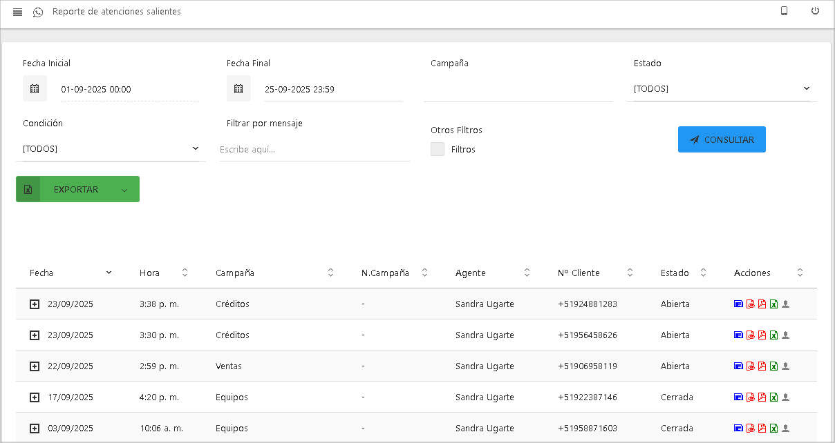 Vista principal del Reporte de Atenciones Salientes.