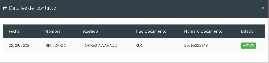 Ventana mostrando el detalle de un contacto identificado.