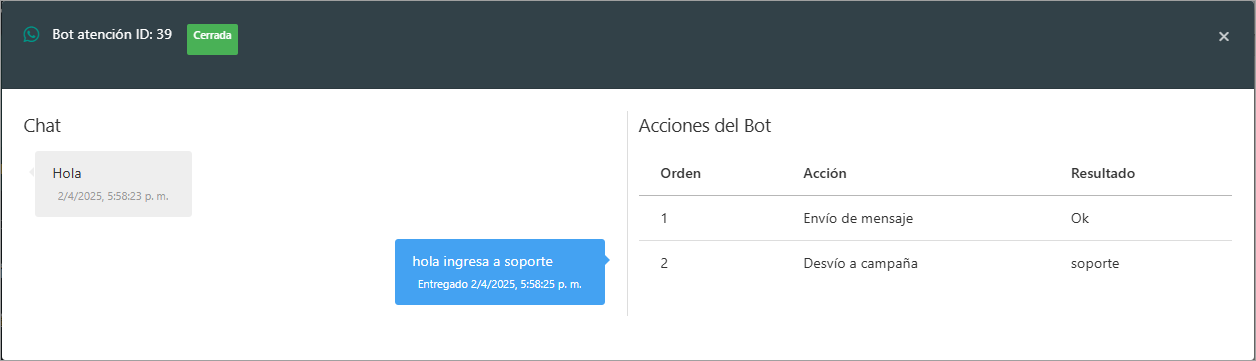 Ventana de detalle con el chat y las acciones del bot.