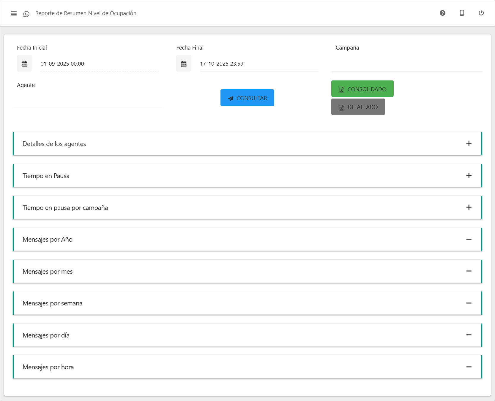 Vista principal del Reporte de Nivel de Ocupación.