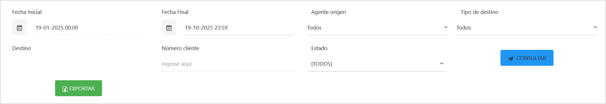 Sección de filtros del reporte.
