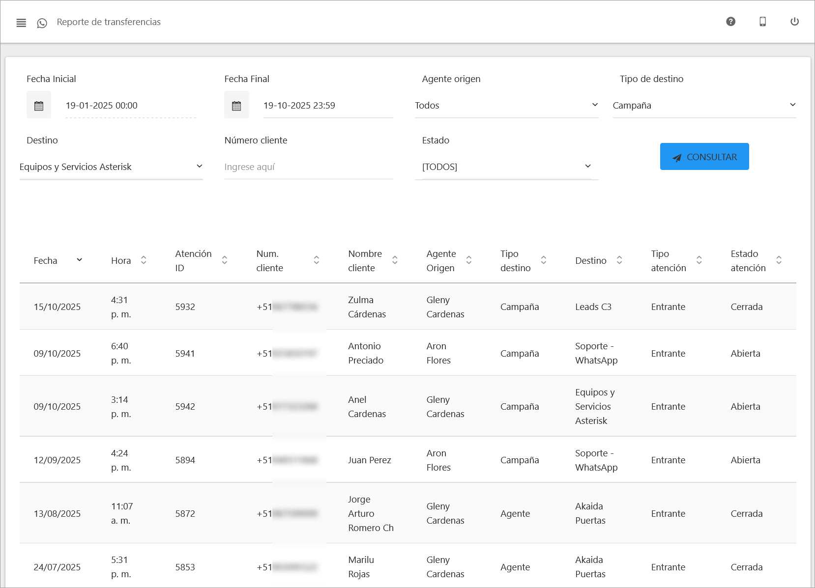Vista principal del Reporte de Transferencias.