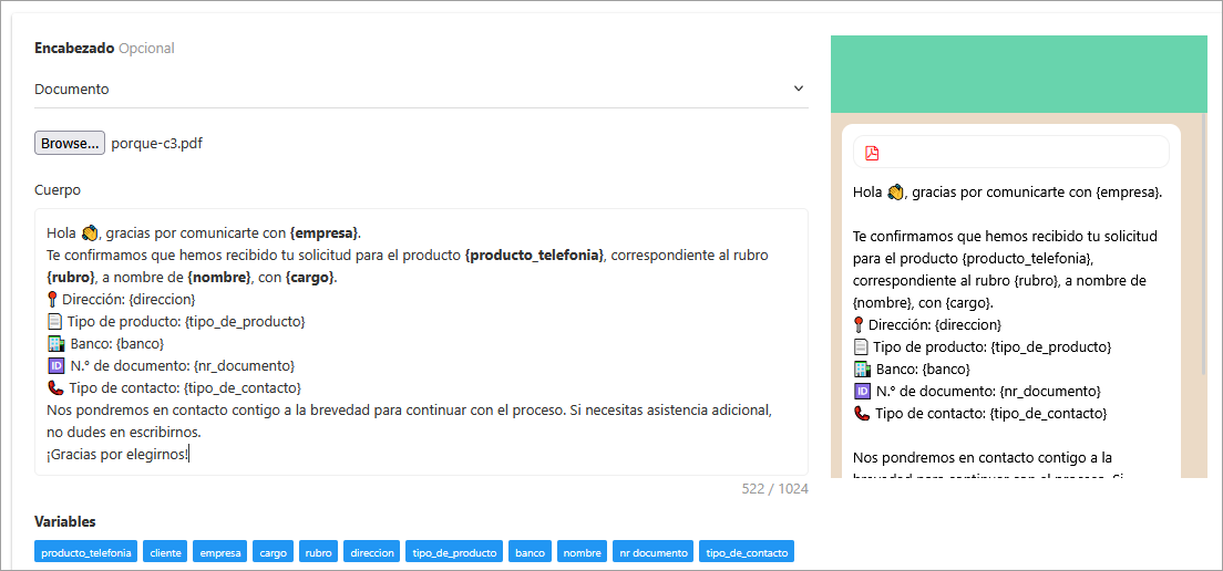 Crear mensaje de plantilla documento