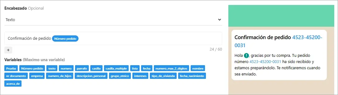 Crear mensaje de plantilla texto