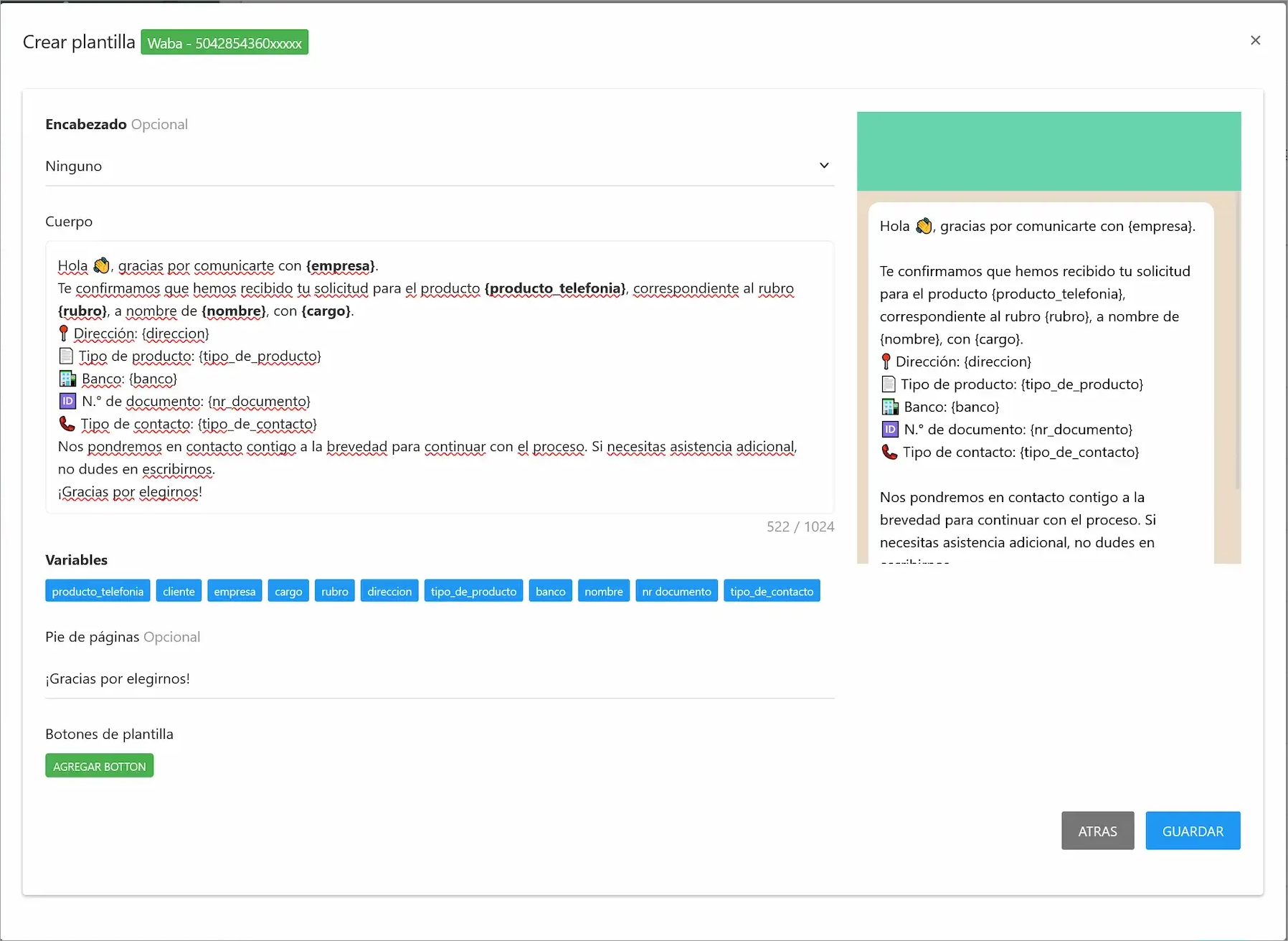 Paso 2 del formulario de creación, mostrando las secciones de contenido.