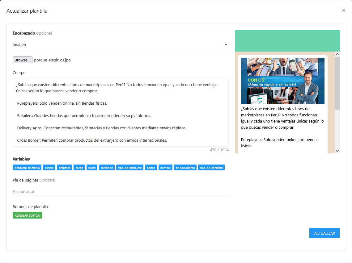 Formulario de edición de un mensaje de plantilla.