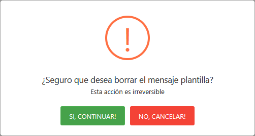 Ventana de confirmación para eliminar un mensaje de plantilla.