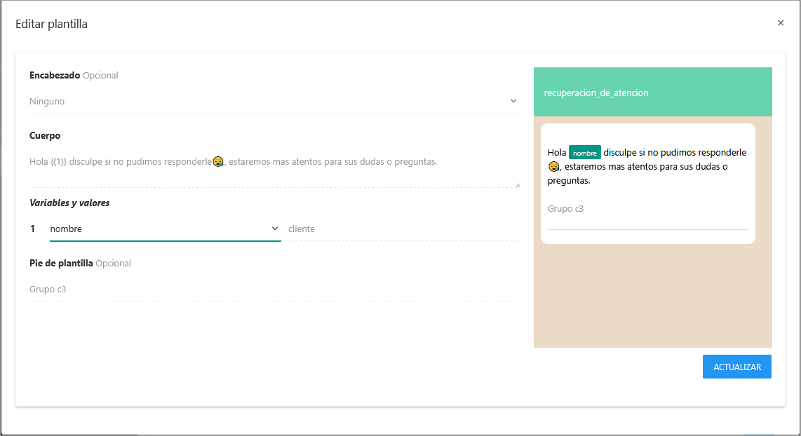 Formulario para asignar valores de ejemplo a las variables de una plantilla.