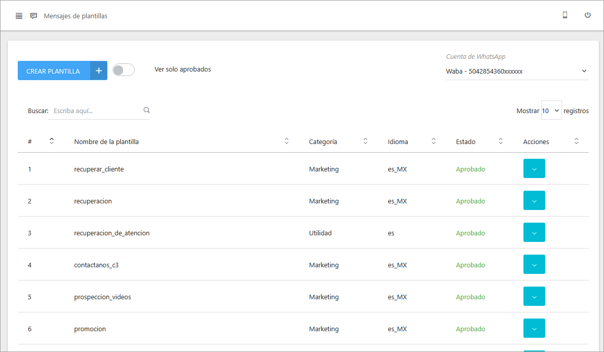 Vista principal del módulo de Mensajes de Plantilla en C3.
