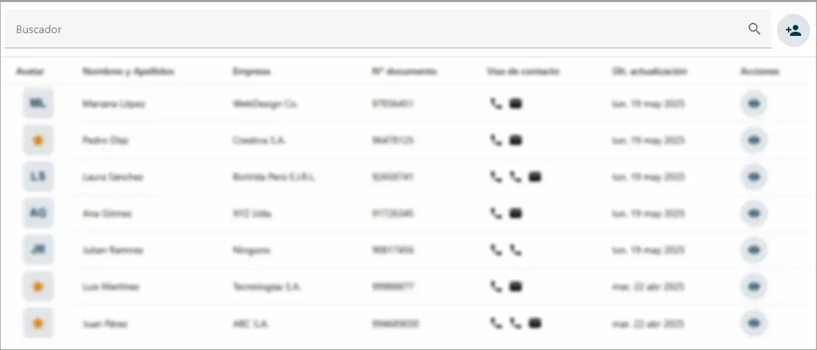 Barra superior que muestra la barra de búsqueda y el botón para agregar un nuevo contacto