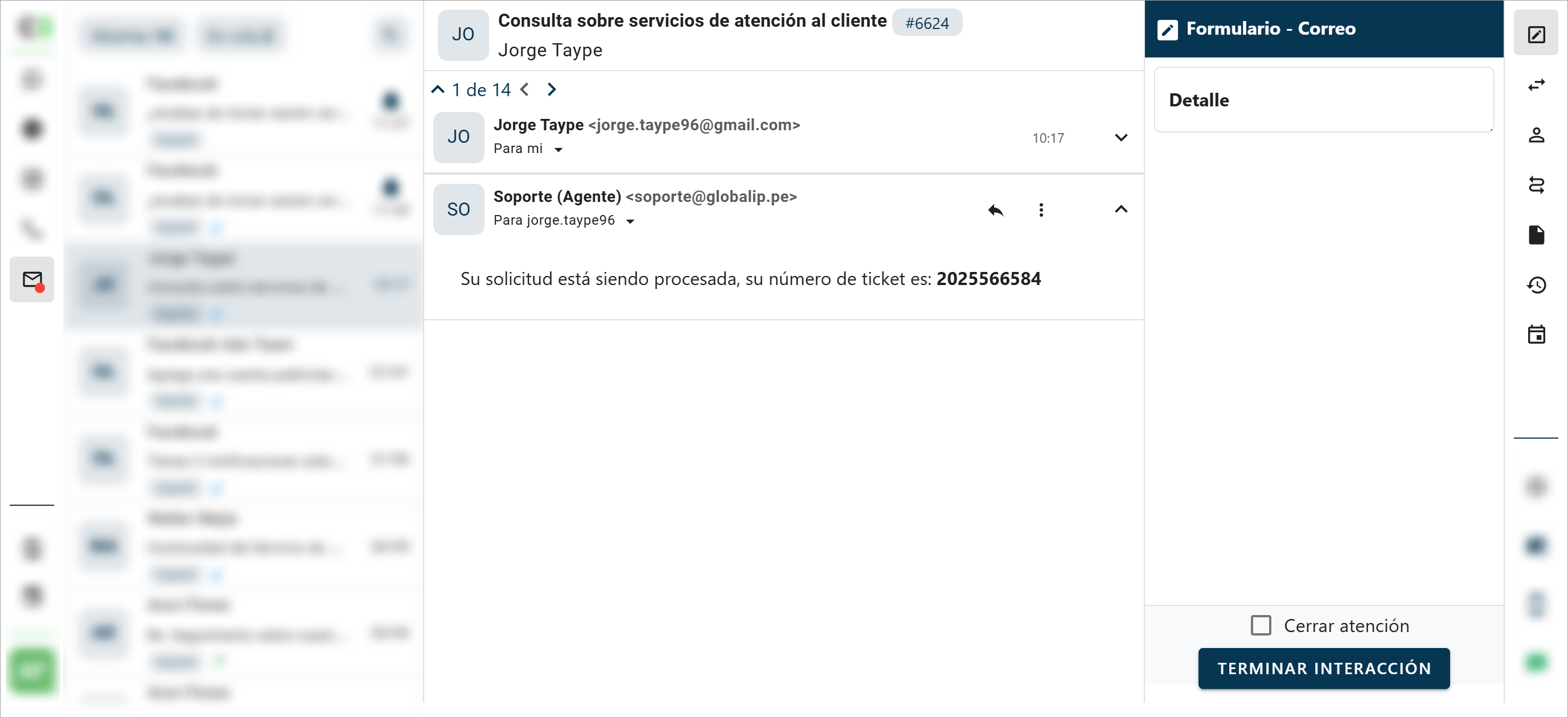 Interfaz del Canal de Correo mostrando la interacción seleccionada y el formulario.