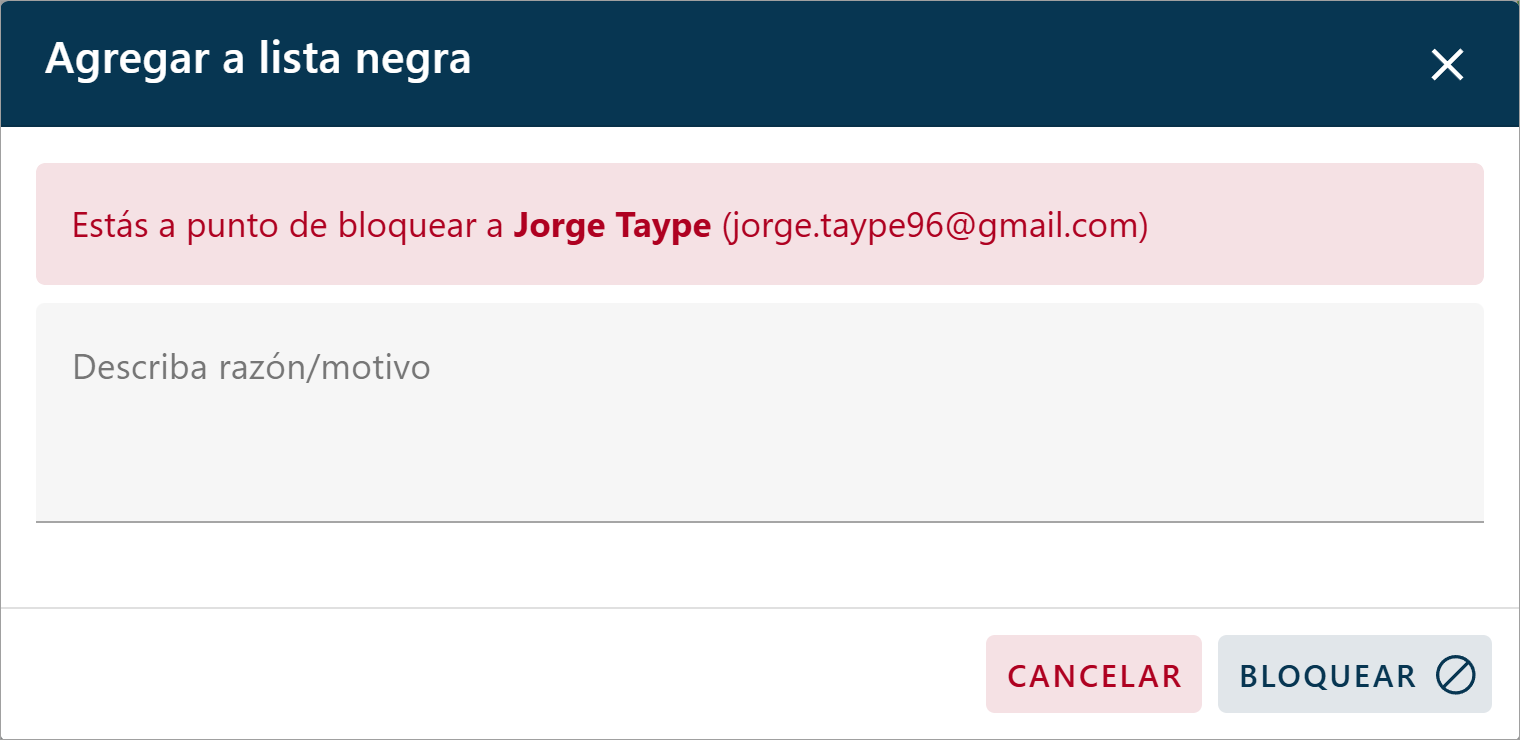 Ventana emergente con formulario para agregar un contacto a la lista negra, donde se ingresa la razón y se presiona el botón 'Bloquear'