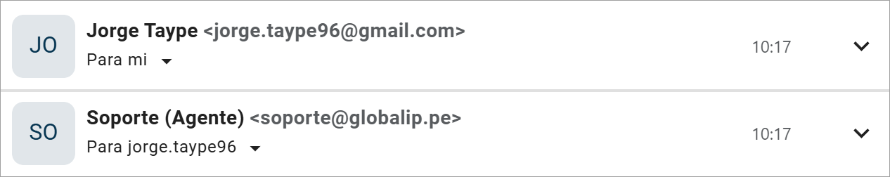Hilo de mensajes con varios correos colapsados.
