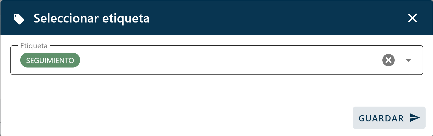 Ventana modal con una etiqueta seleccionada y el botón para quitar la etiqueta