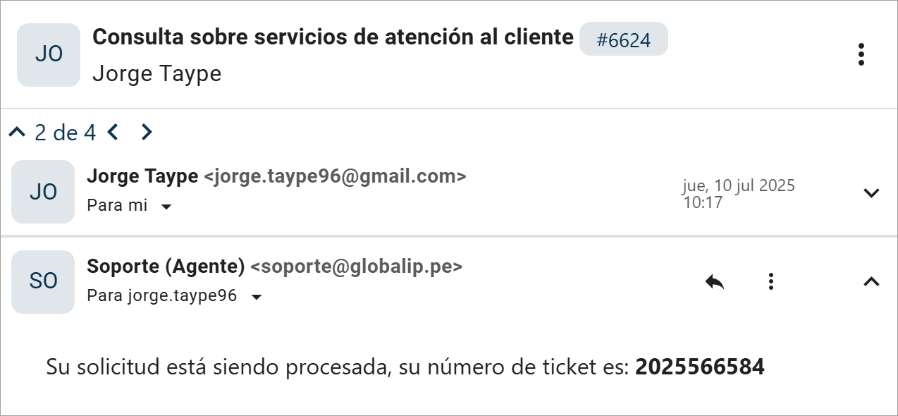 Panel de interacción con el cliente, muestra mensajes enviados y recibidos