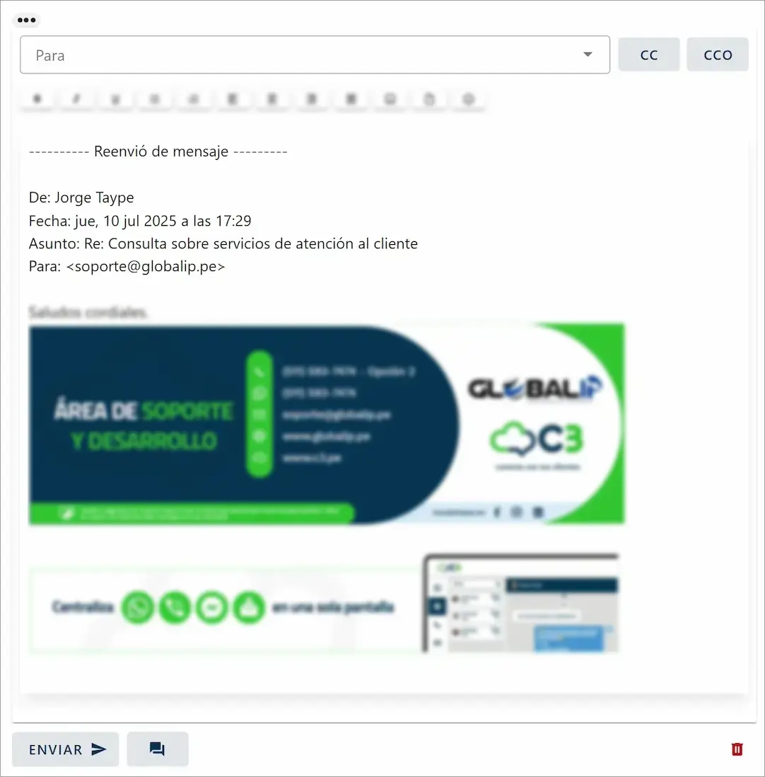 Formulario del editor de correo al usar la acción 'Reenviar'.