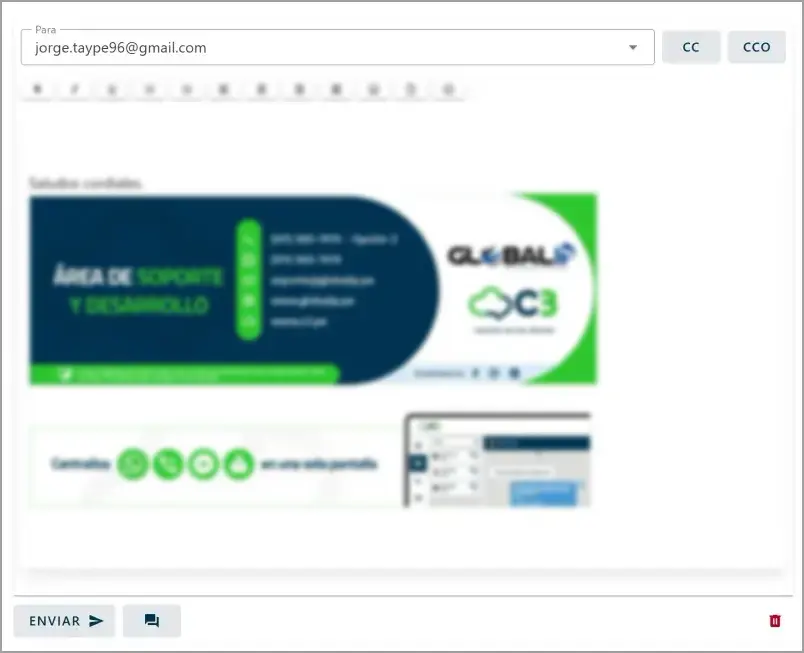 Formulario del editor de correo al usar la acción 'Responder'.