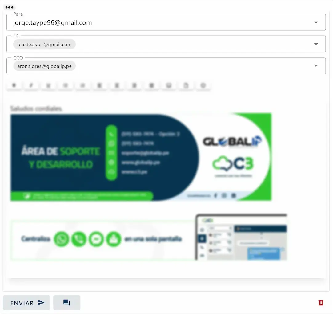 Formulario del editor de correo al usar la acción 'Responder a todos'.