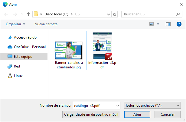 Ventana emergente con la lista de archivos disponibles