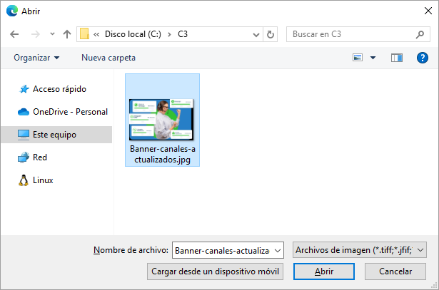 Ventana emergente con la lista de archivos disponibles
