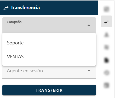 Panel de transferencia con una campaña seleccionada.