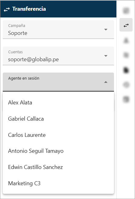 Menú desplegable con la lista de agentes de la campaña seleccionada.