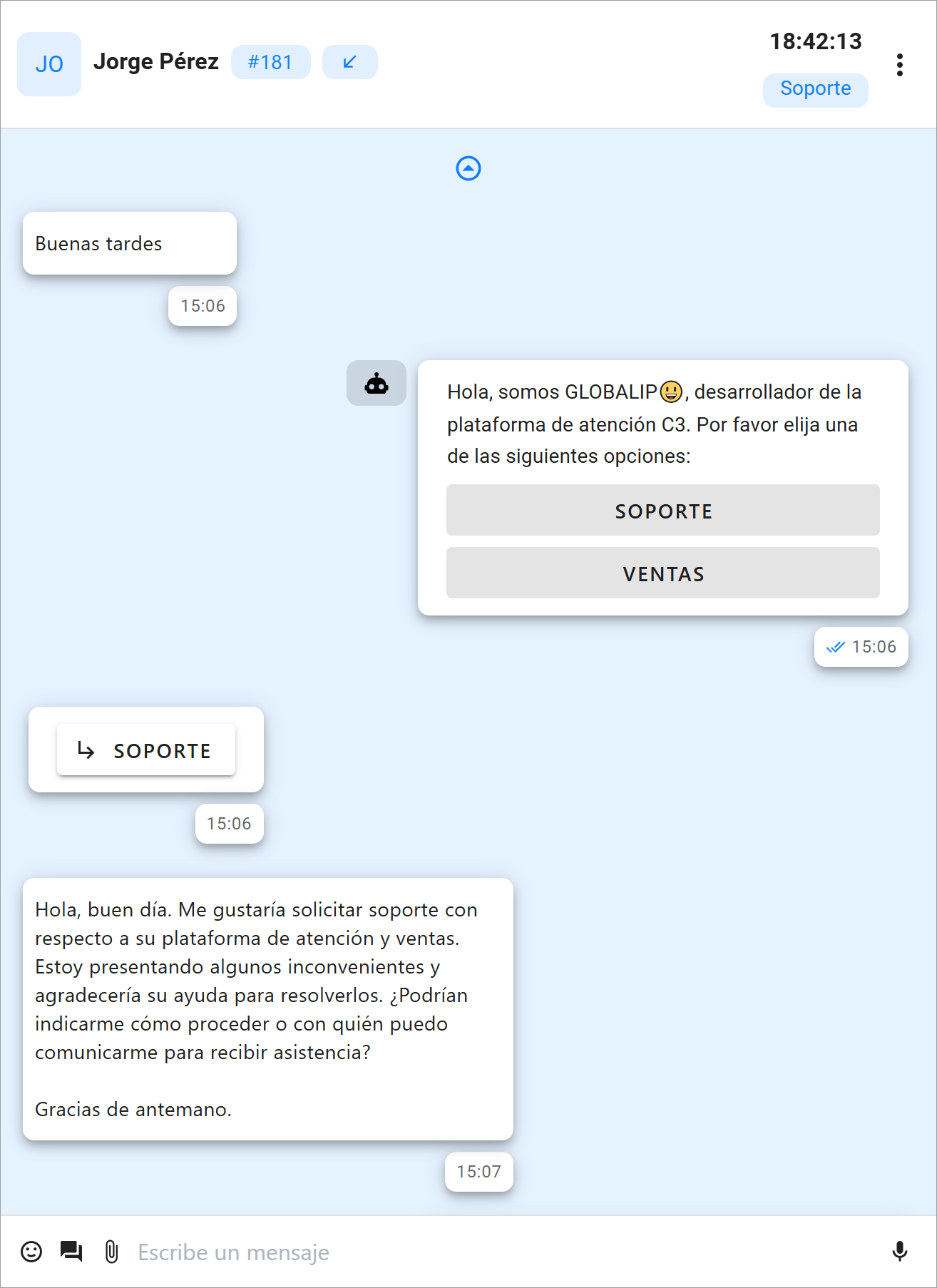 Panel de interacción con el cliente de Messenger, muestra mensajes enviados y recibidos
