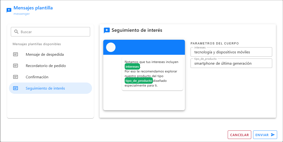Vista previa del mensaje seleccionado en el canal Messenger
