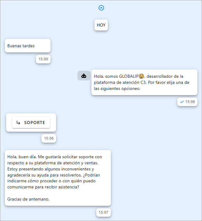 Historial de la conversación en el panel central de Messenger, mostrando mensajes del cliente y del agente
