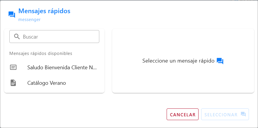 Ventana de selección de Mensajes Rápidos de Messenger