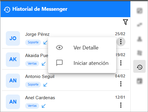 Acciones de cada atención en el historial de Messenger: Ver Detalle, Iniciar Atención