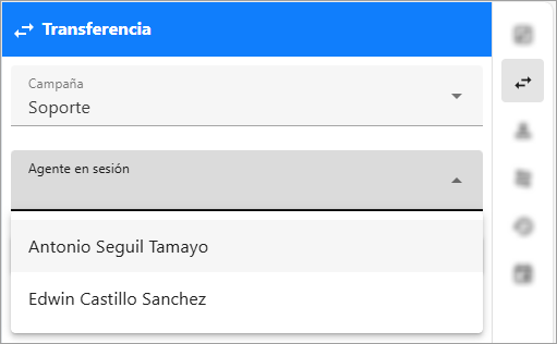Panel de transferencia con una campaña y un agente específico seleccionados para Messenger.
