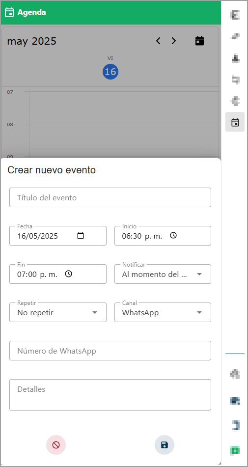 Formulario de creación de un nuevo evento en la agenda.