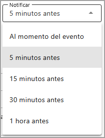 Notificar menú desplegable 5 min antes