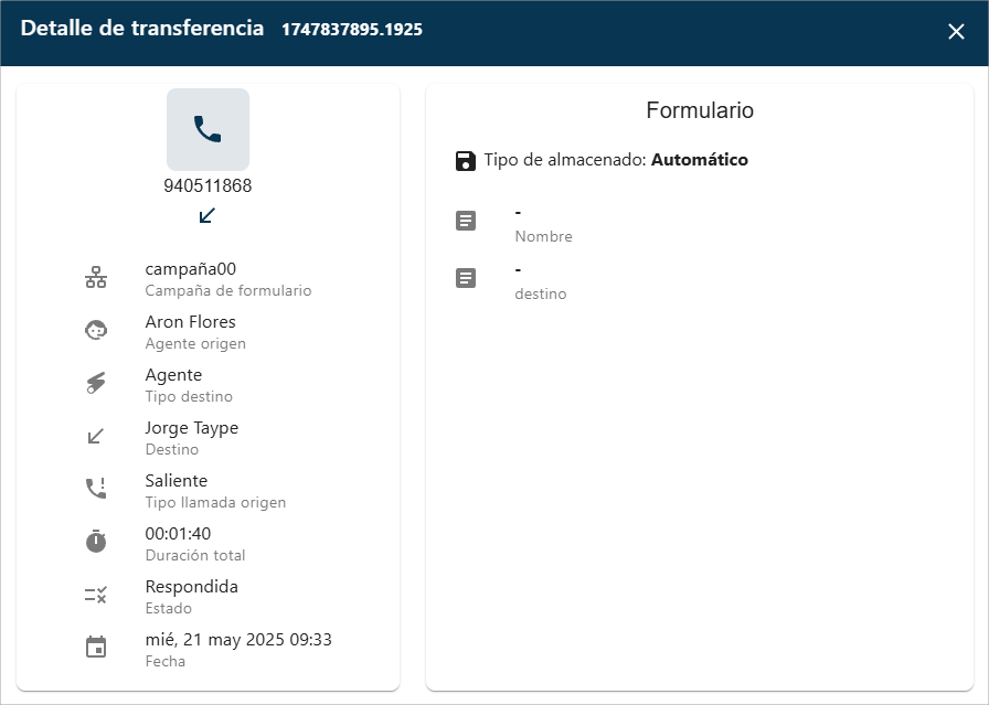 Ventana modal con los detalles de la atención telefónica