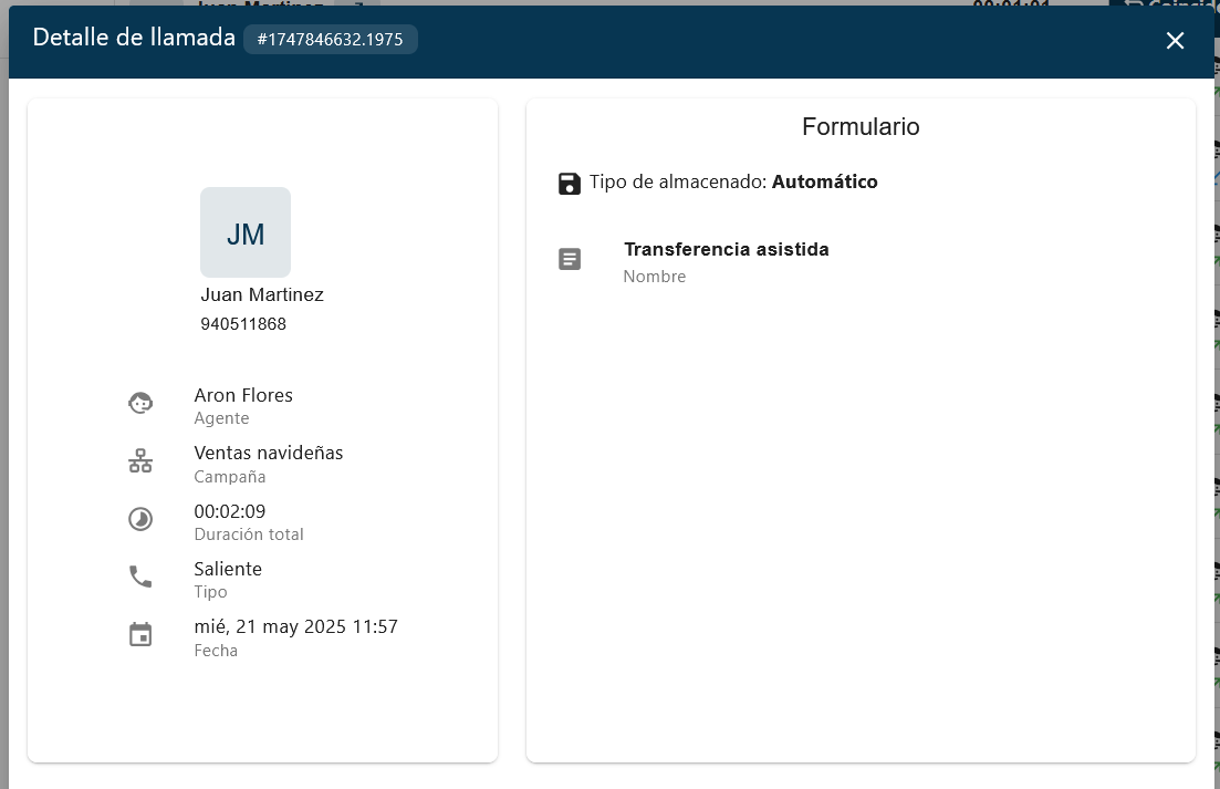 Ventana modal con los detalles de la atención telefónica