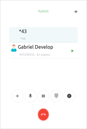Vista de llamadas concurrentes, mostrando una llamada activa y otra en espera.