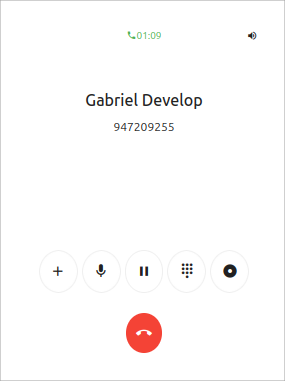 Vista de una llamada establecida, con temporizador y botones de función.