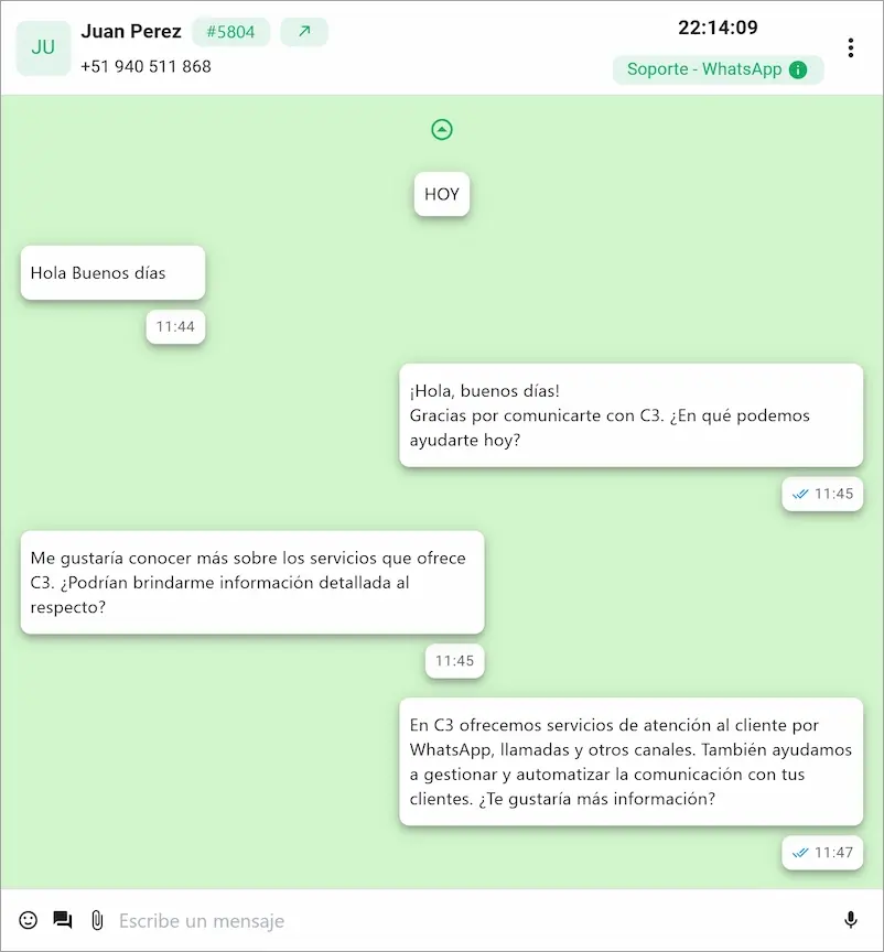 Panel de interacción con el cliente de WhatsApp, muestra mensajes enviados y recibidos